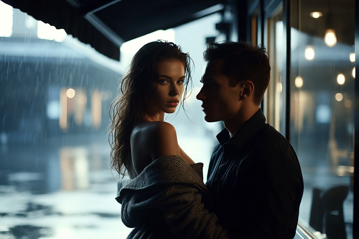 By a café window streaked with heavy rain, a woman with damp hair and a wrap slipping off one shoulder stands close to a man in a dark shirt, glancing back over her shoulder.